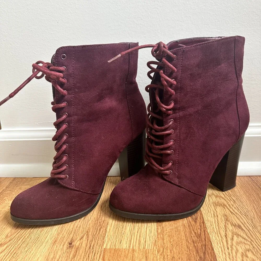 JustFab Women's Suede Lace-up Heeled Booties in Burgundy Size 7.5 - Picture 3 of 8